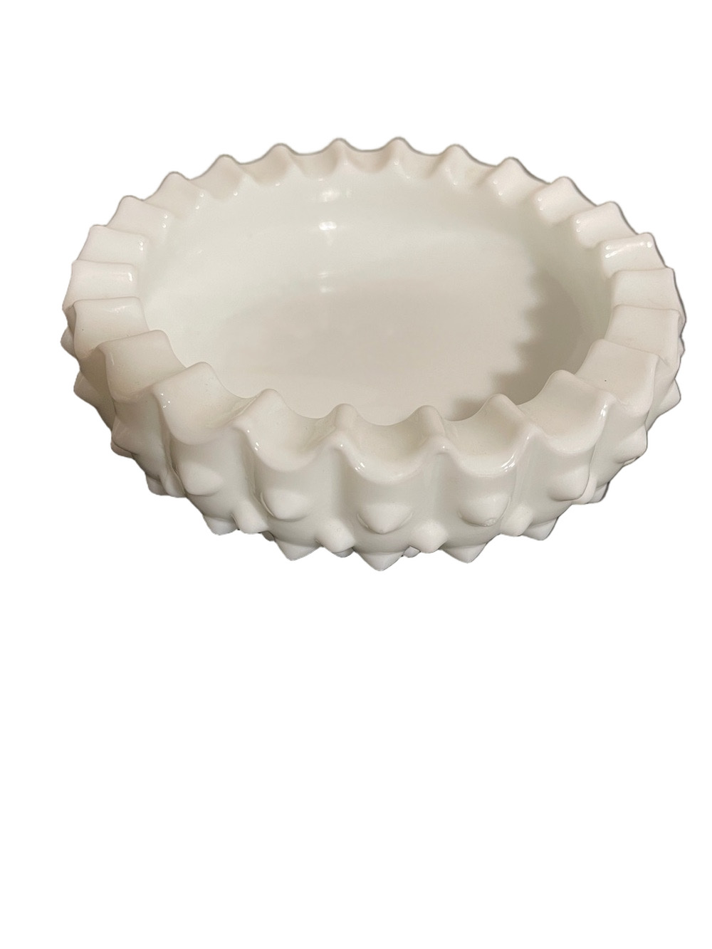 Vintage Fenton White Hobnail Ruffled Edge Glass Trinket Dish